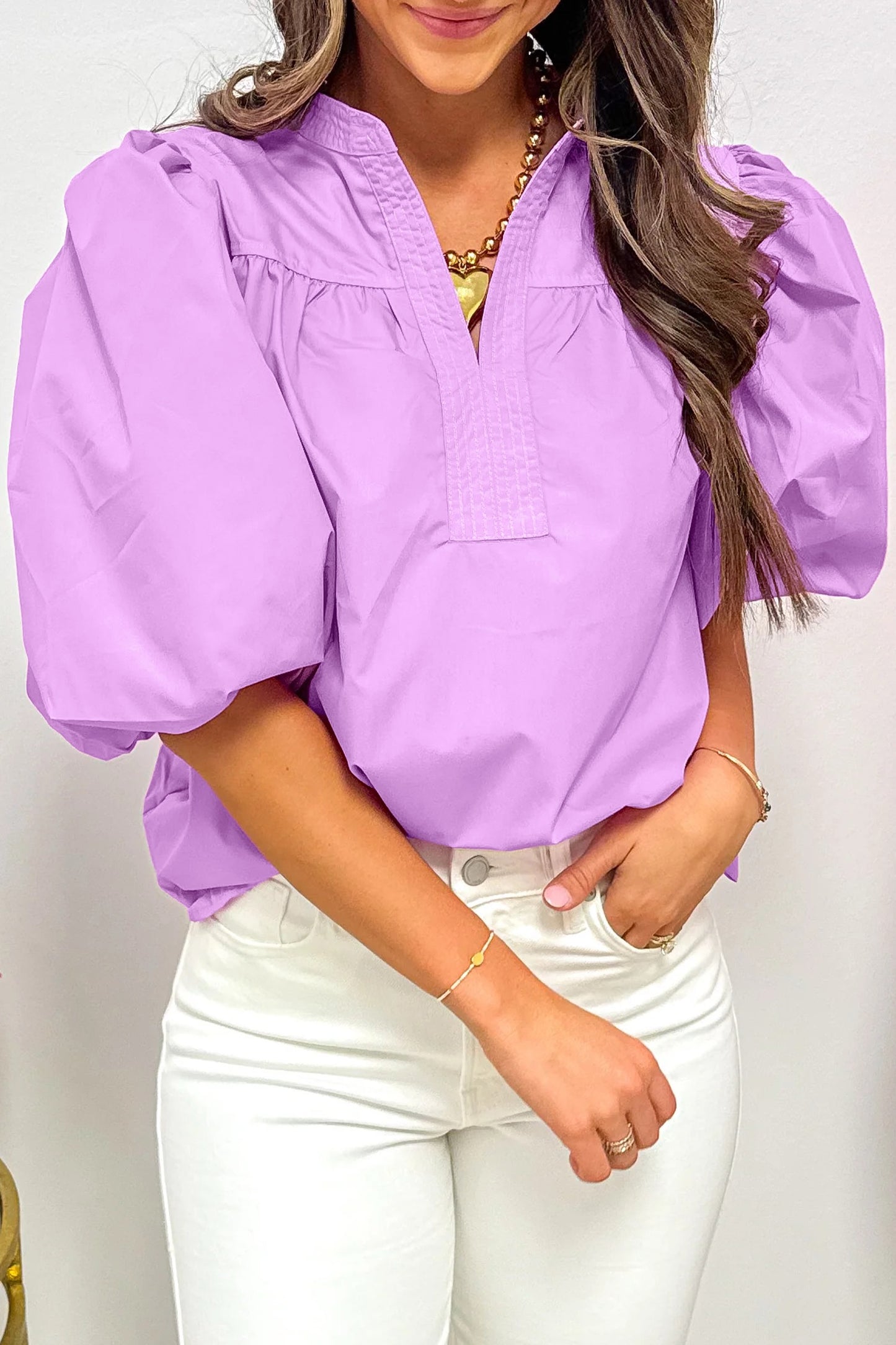 Purple Stitched Detail V Neck Puffy Half Sleeve Blouse