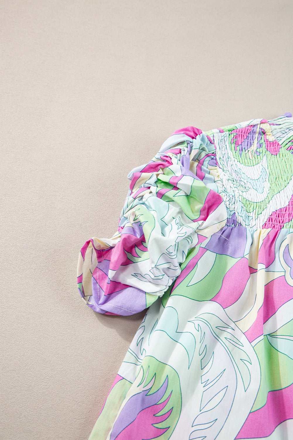 Green Smocked Blouse with Bubble Sleeve