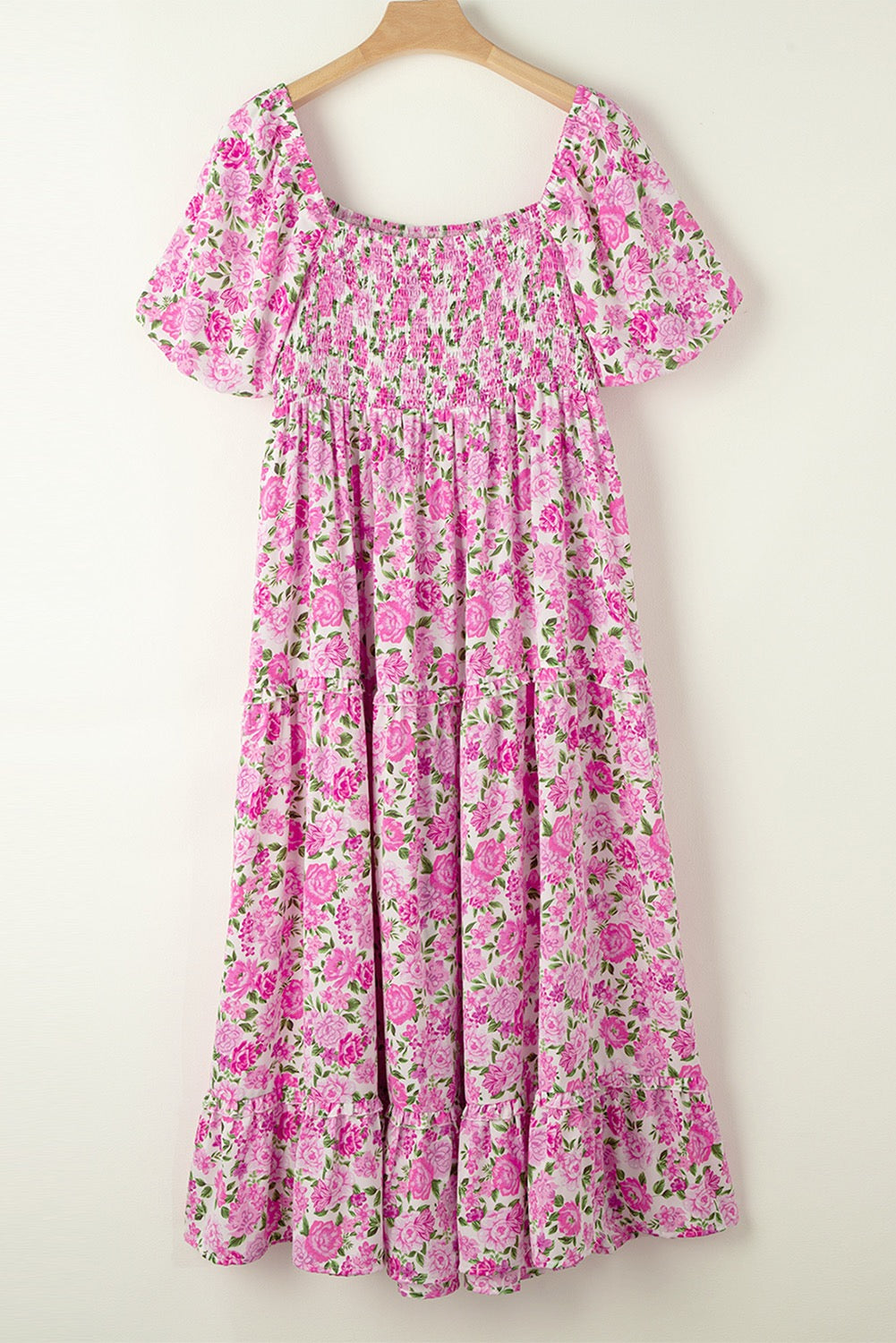 Pink Plus Size Floral Print Smocked Puff Sleeve Maxi