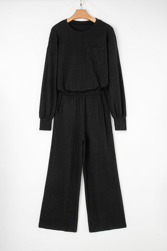 Pants Set Black Textured Chest Pocket Long Sleeve