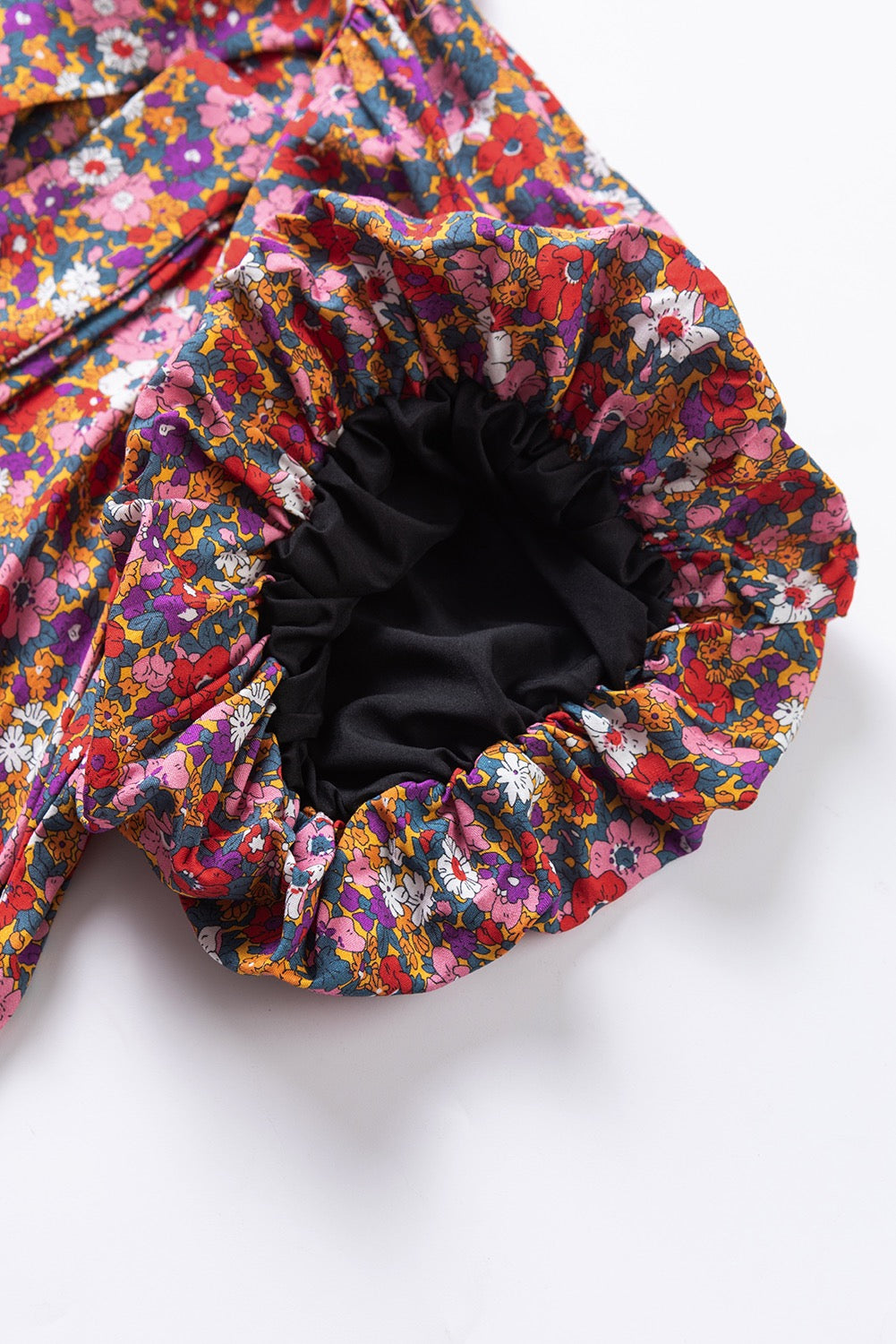 High Neck Puff Sleeve Purple Floral Blouse