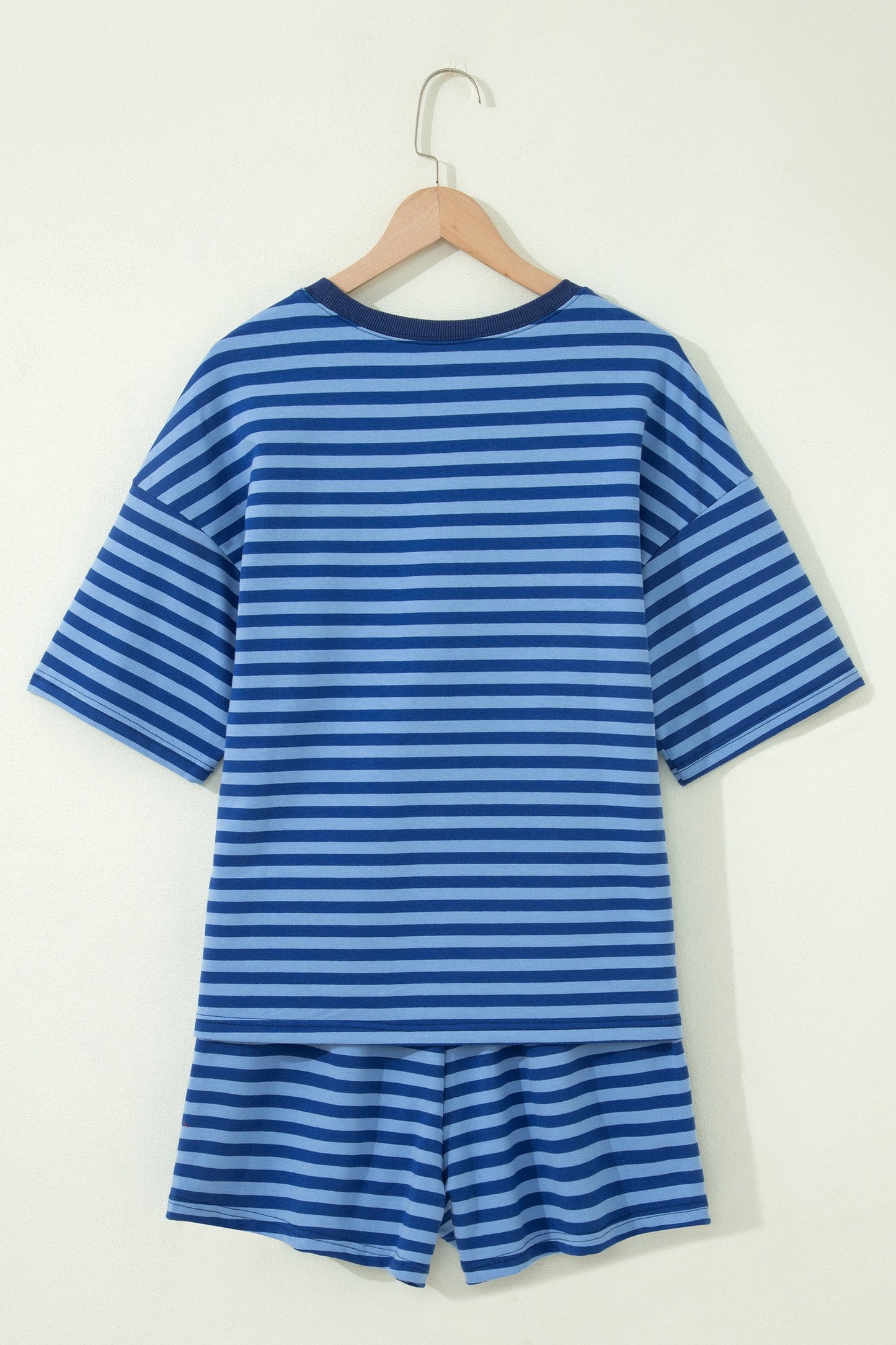 Blue Stripe Striped Ribbed Cotton Two-
Piece Short Set with Chest Patch