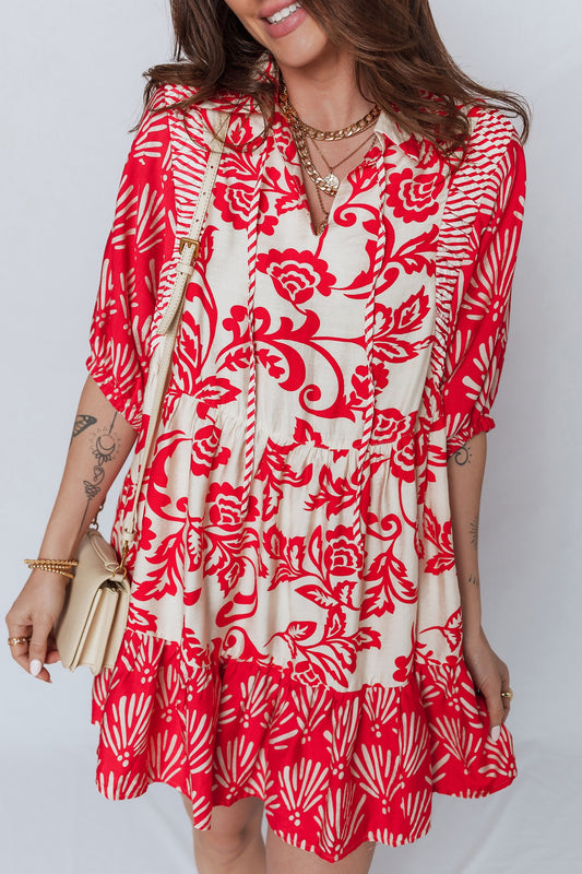 Red Collared V Neck Half Sleeve Loose Dress