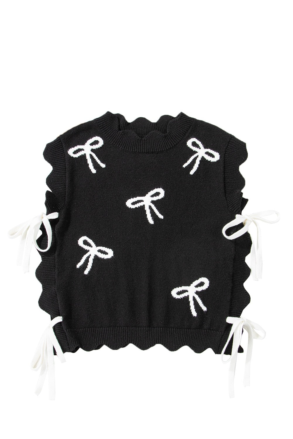 Black Bow Print Side Ties Scalloped Hem Sweater Tee