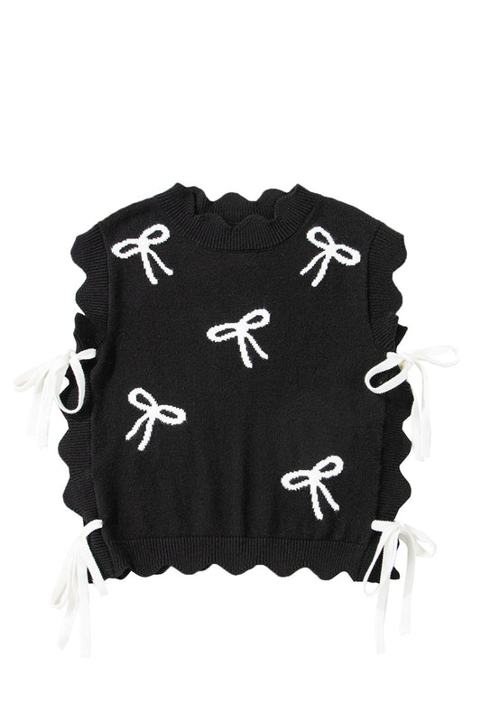 Black Bow Print Side Ties Scalloped Hem Sweater Tee
