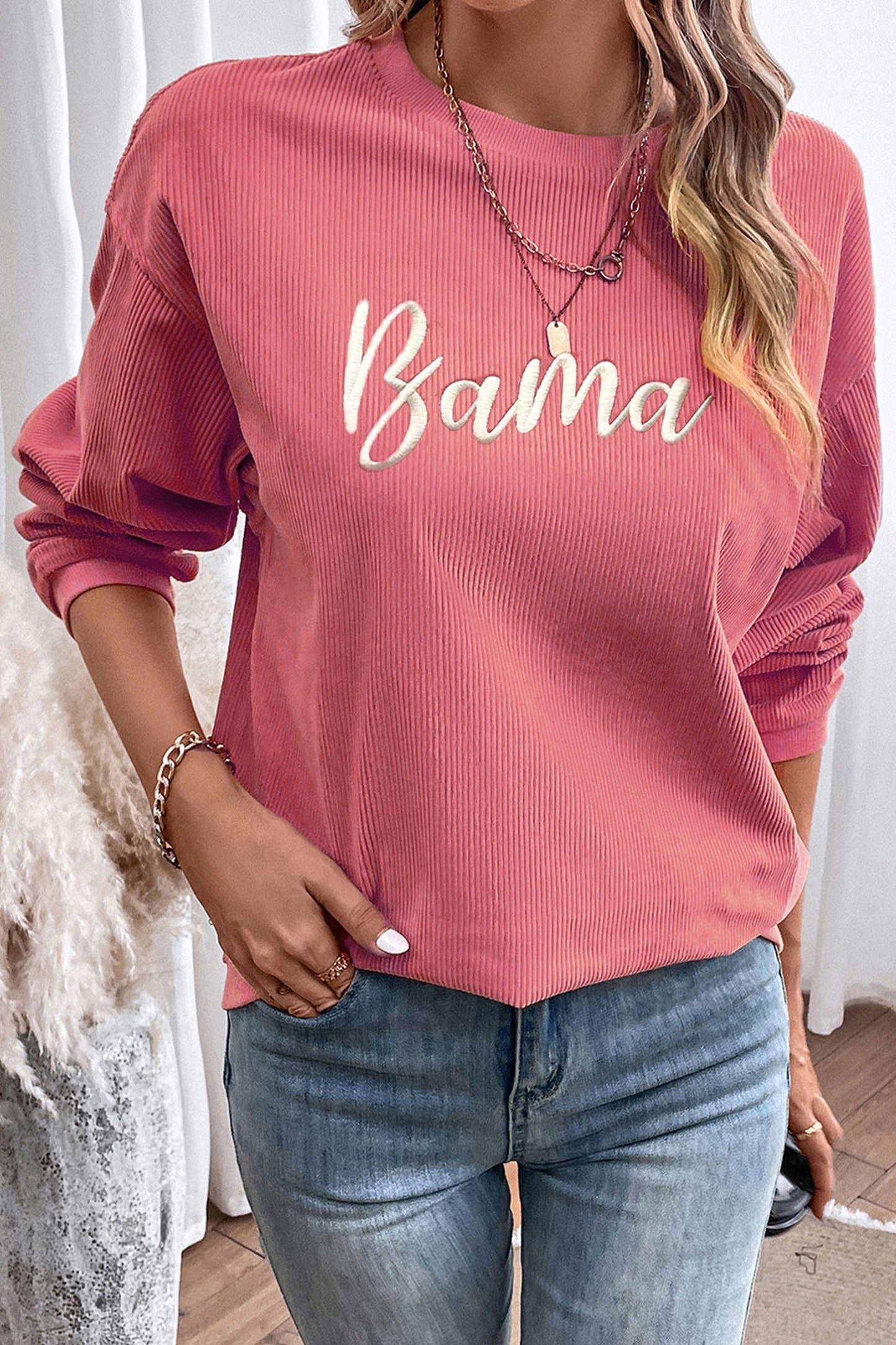 Corded Ribbed Bama Embroidered Letter Graphic Sweatshirt (ships 1/17)