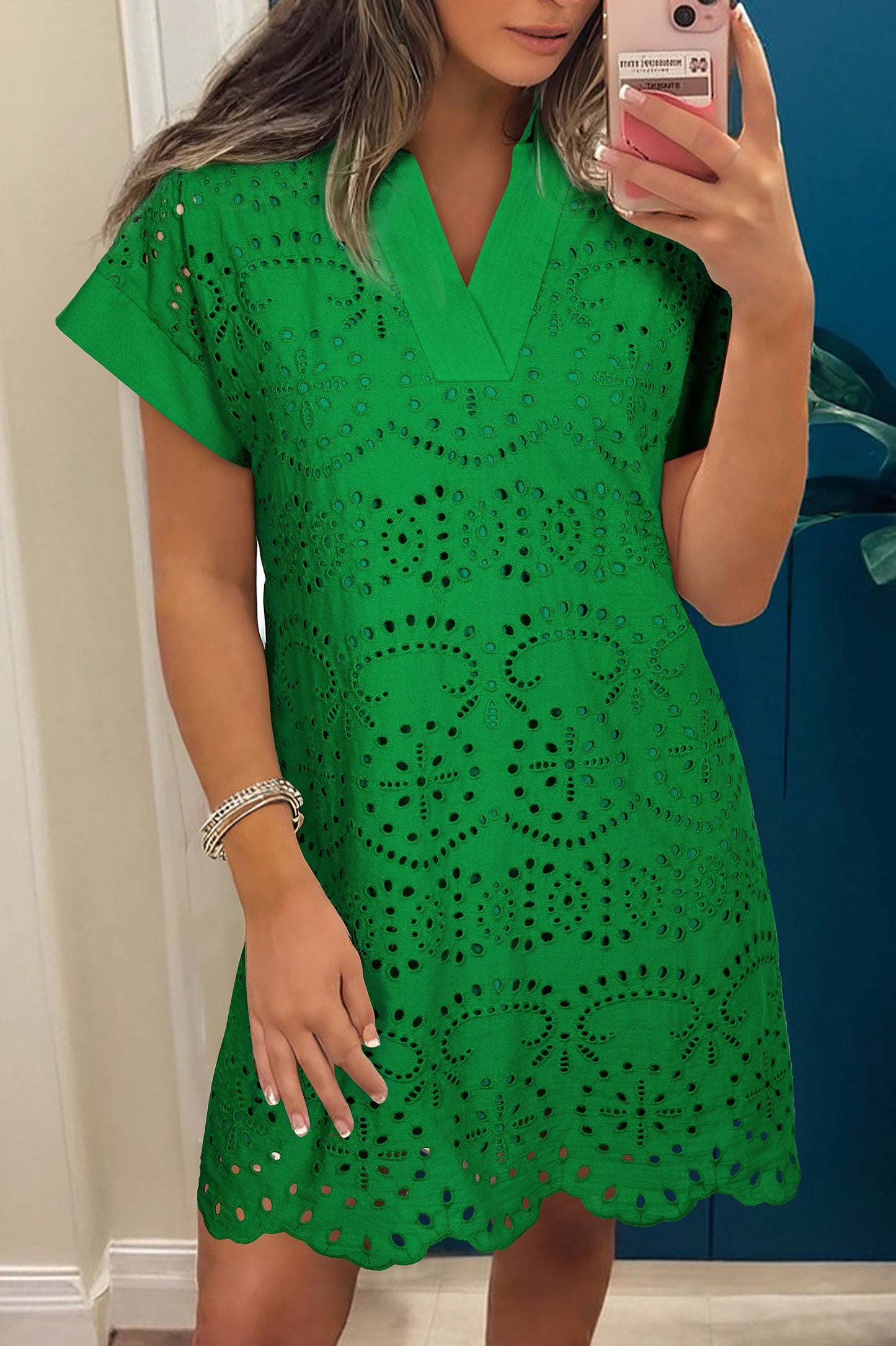 Green Eyelet Embroidered Shirt Dress