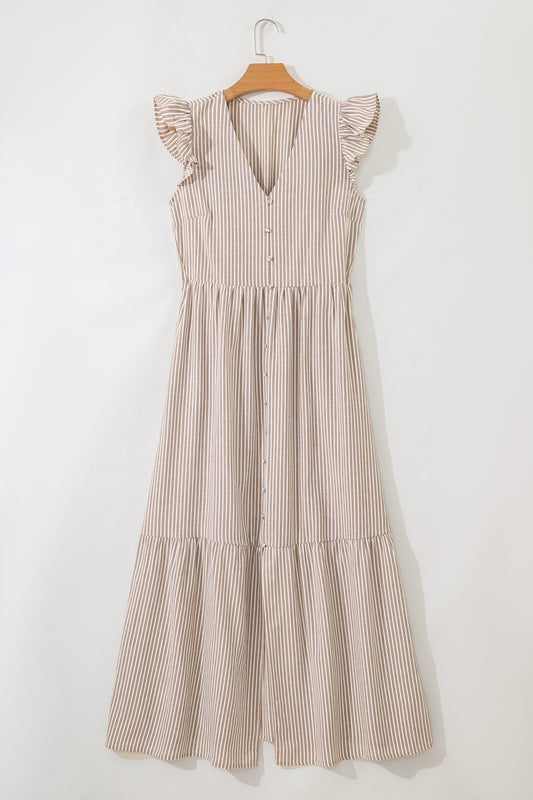 Khaki Stripe Flutter Sleeve Buttoned Front Slit Maxi