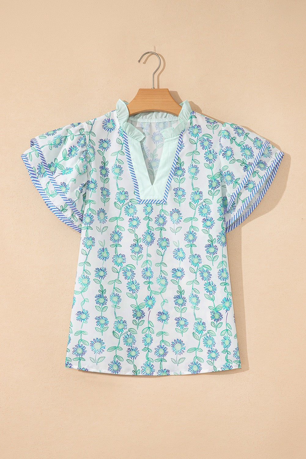 Green Floral Print Striped Detail Contrast V Neck Patchwork Flutter Sleeve Top