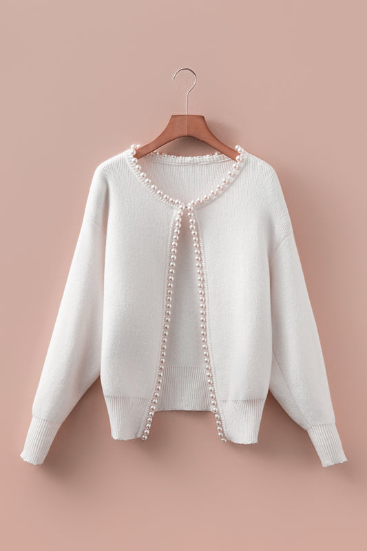 White Pearl Embellished Open Front Cardigan