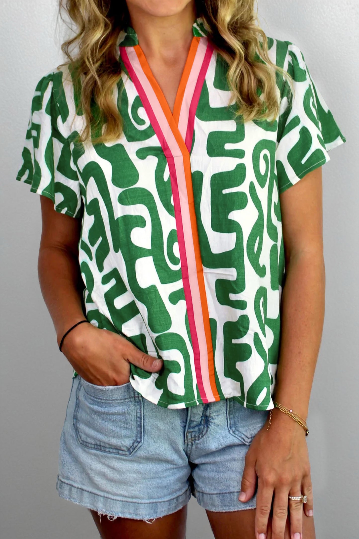 Short Sleeve Blouse Green Abstract Print Striped Trim V Neck Blouse