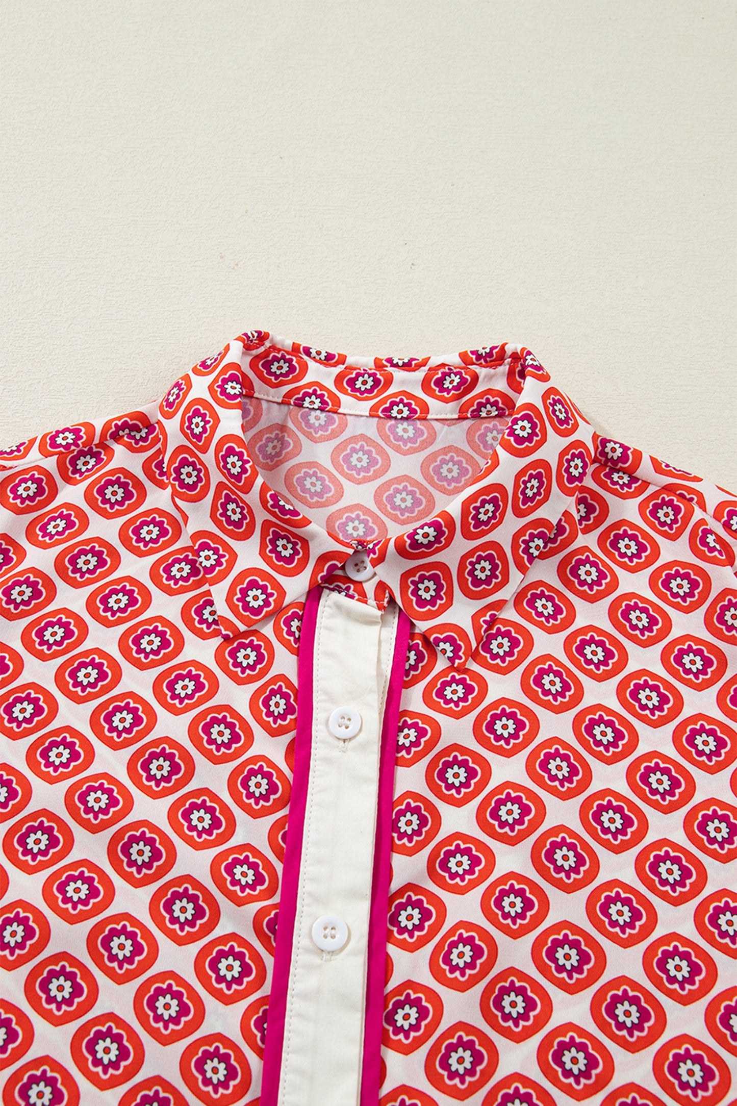 Geometric Floral Print Button Front Ruffle Hem Dress
