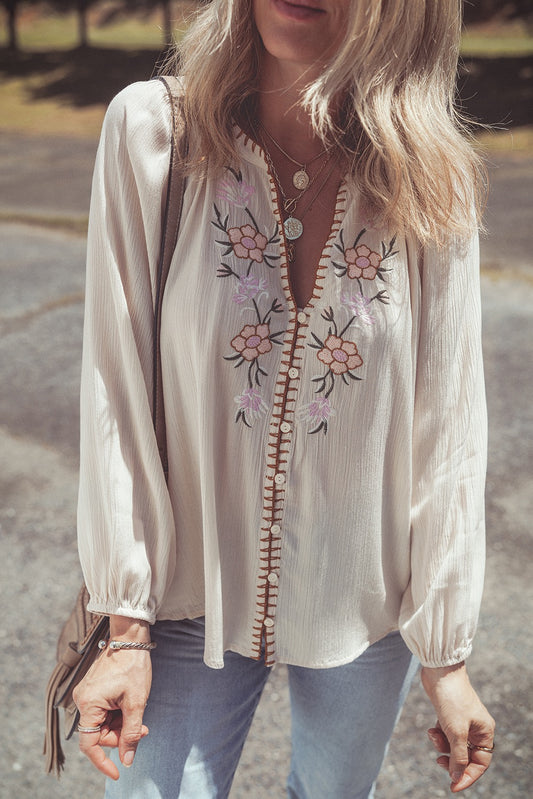 Beige Embroidered Loose Fit Top