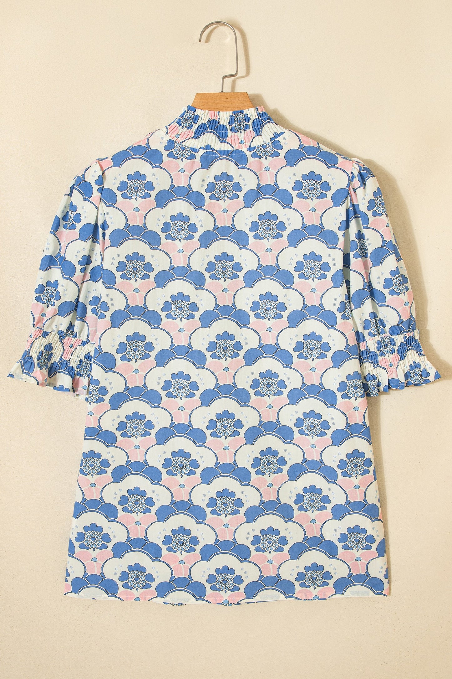 Blue Floral Print Flounce Short Sleeve Contrast Trim V Neck Blouse