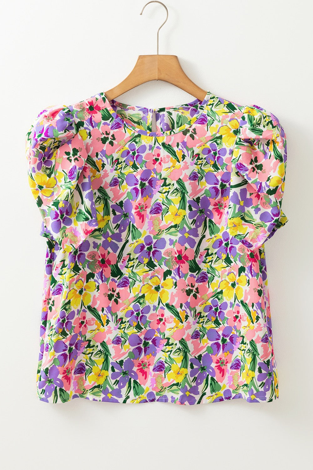 Blouse Purple Floral Print Puff Short Sleeve Crew Neck Blouse