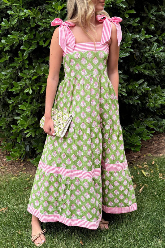 Green Floral Print Knot Straps Maxi Dress