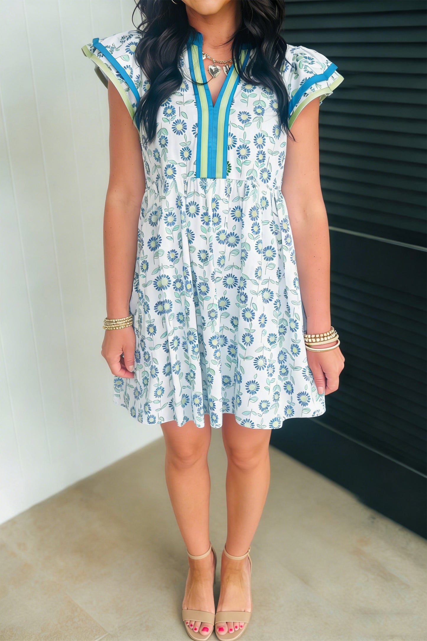 Blue Floral Print Contrast Trim Flutter Sleeve Dress