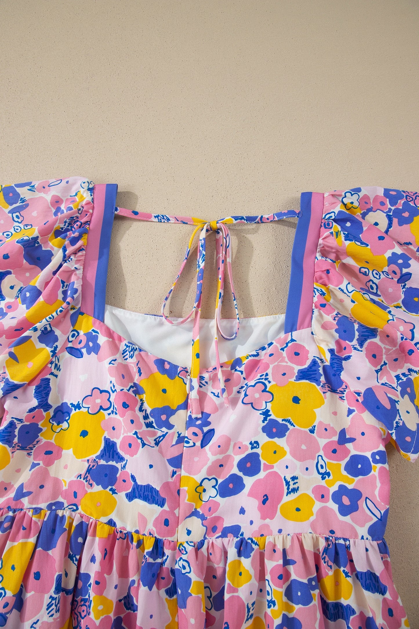 Multicolour Floral Print Flutter Sleeve Striped Trim Square Neck Loose Dress