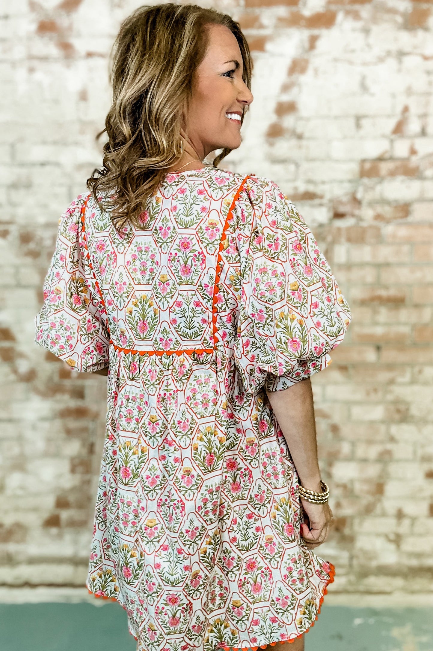 Floral Print Tassel Tie V Neck Scalloped Detail Loose Mini Dress