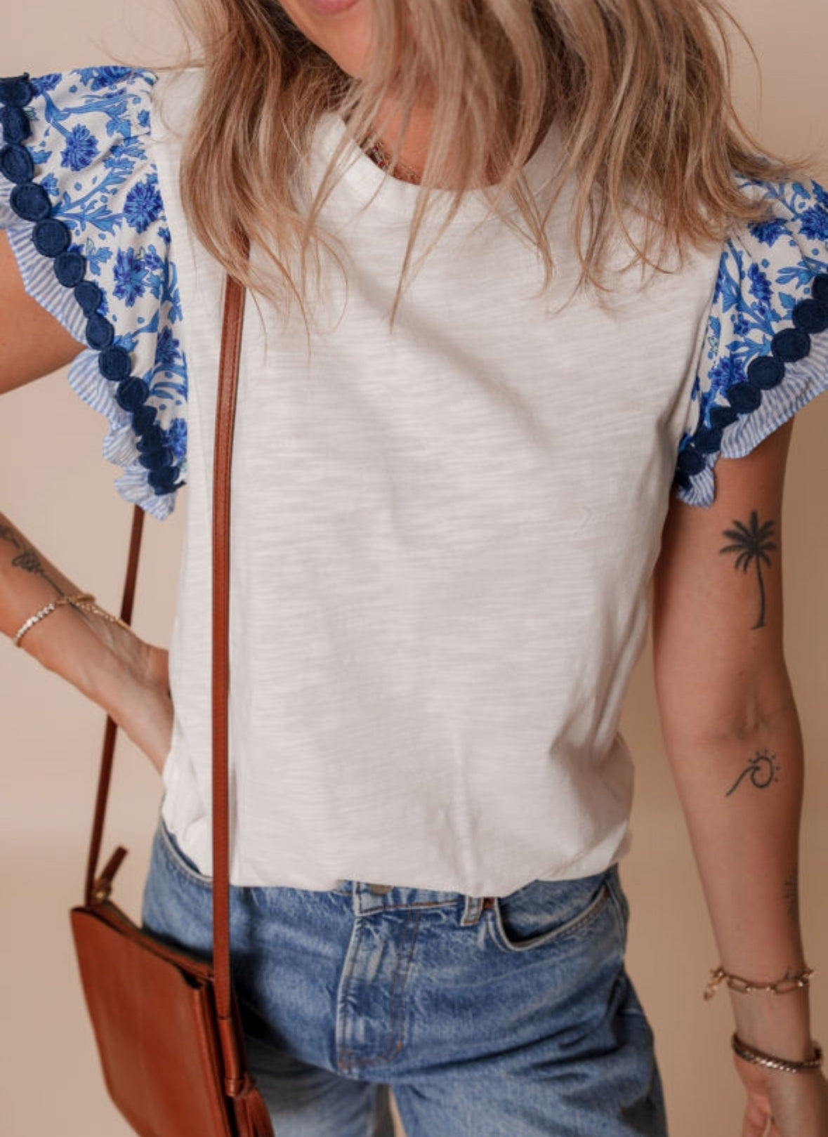 Sleeveless Blue Floral Trim Ric Rac Detail Top