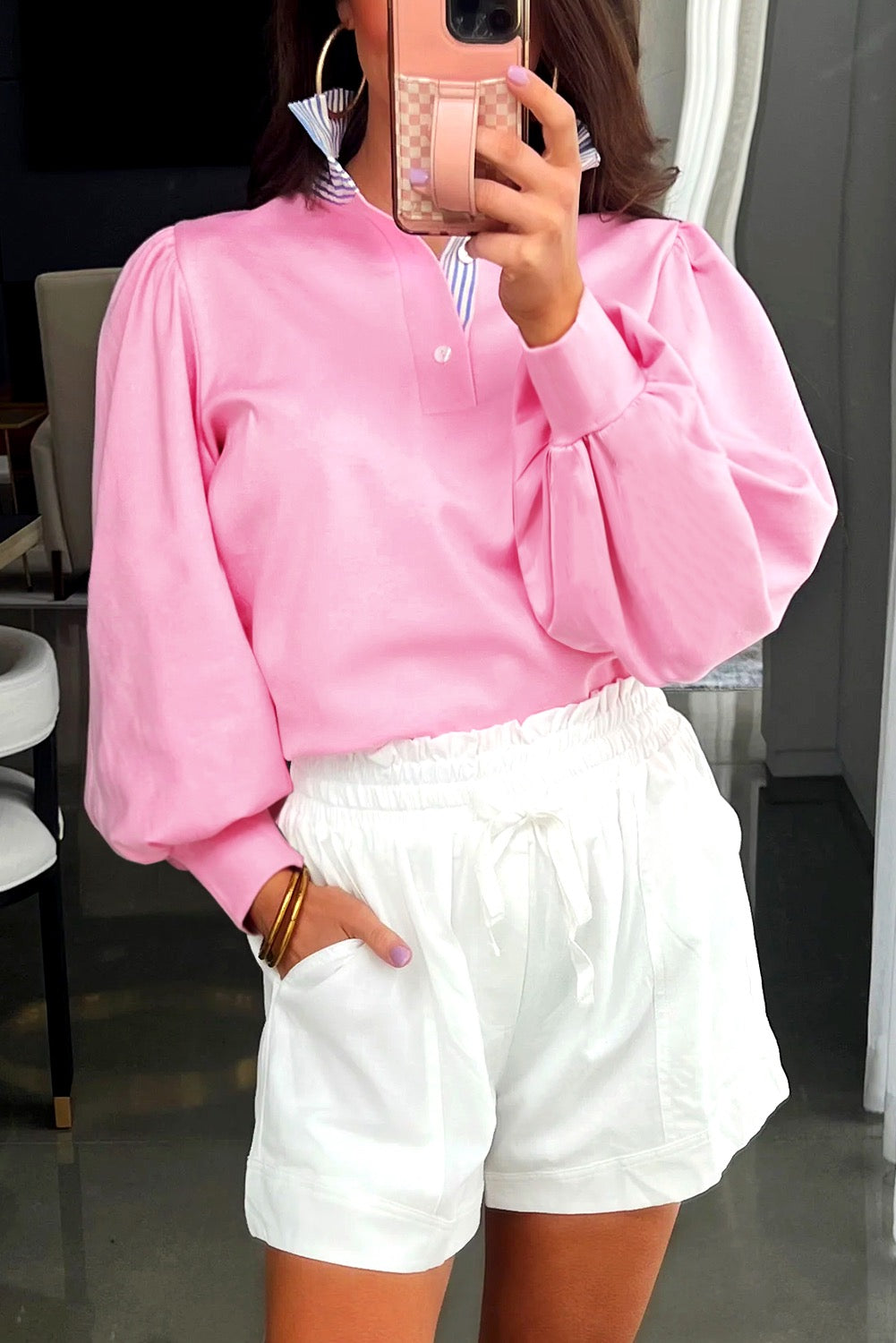 Pink Button Striped Collar Patchwork Puff Sleeve Sweatshirt