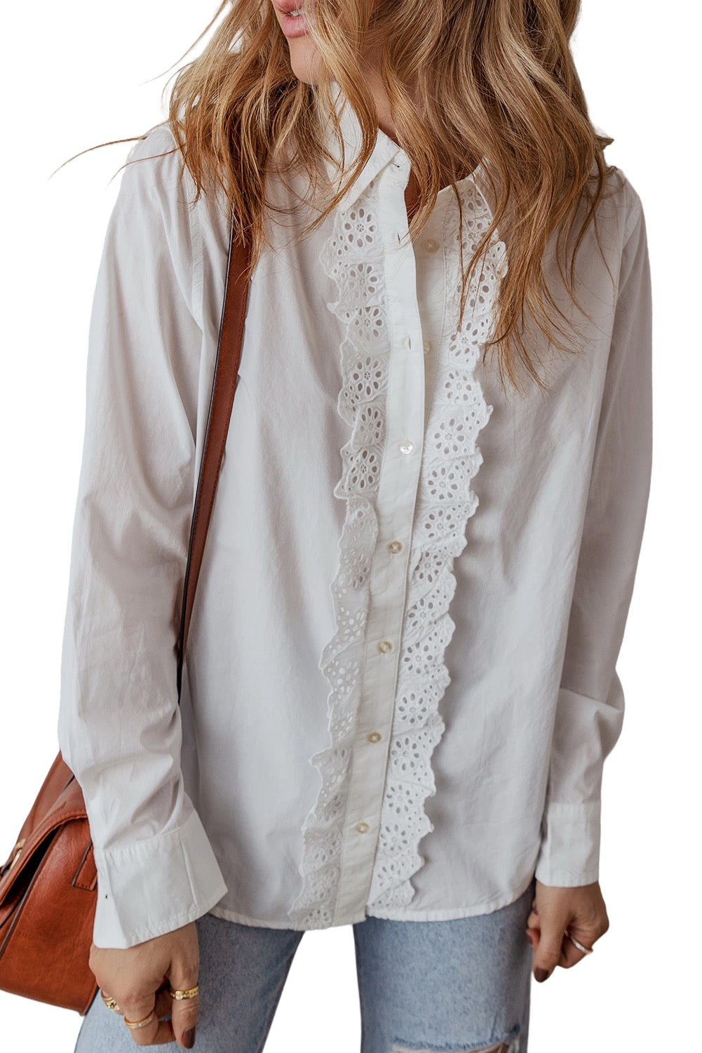 White Lace Turn Down Collar Shirt