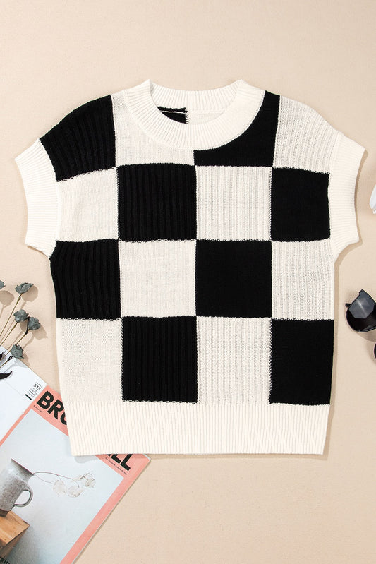 Black Checkered Short Sleeve Sweater