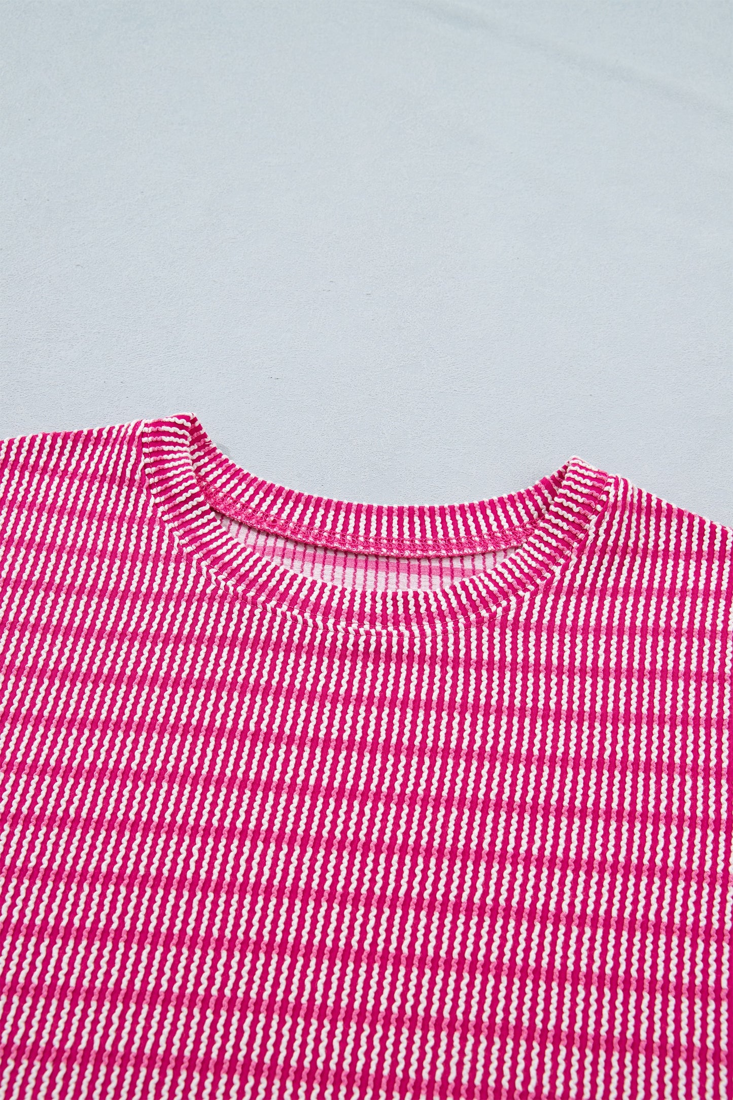 Pink Stripe Raised Rib Loose Tee Drawstring Elastic Waist 2pcs Short Set