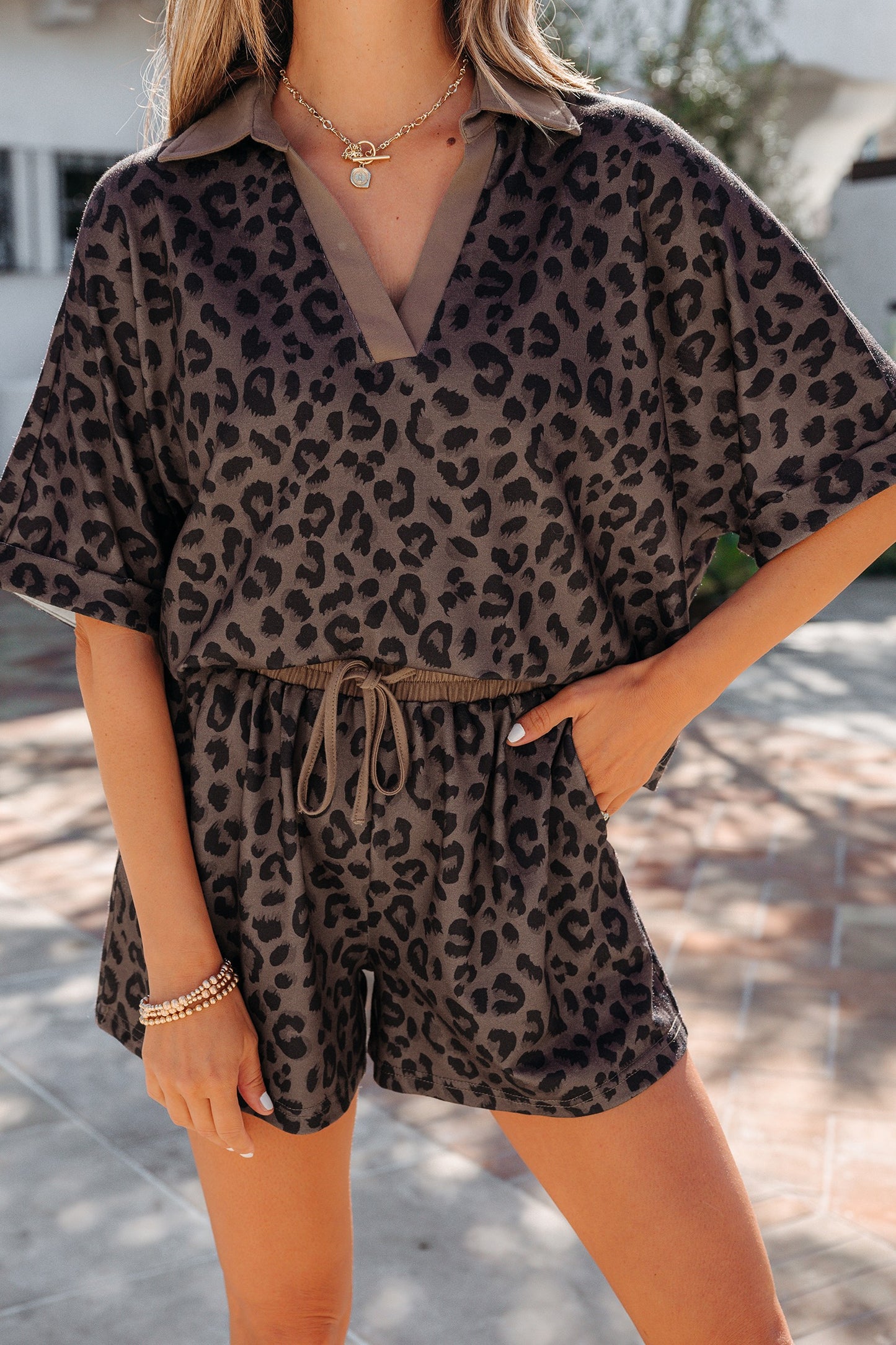 Brown V Neck Collar Leopard Printed Set