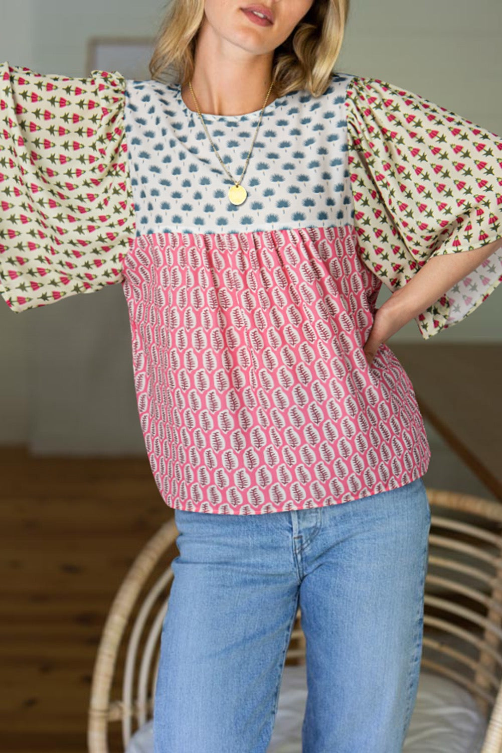 Red Floral Colorblock Flutter Cape Style Sleeve Blouse