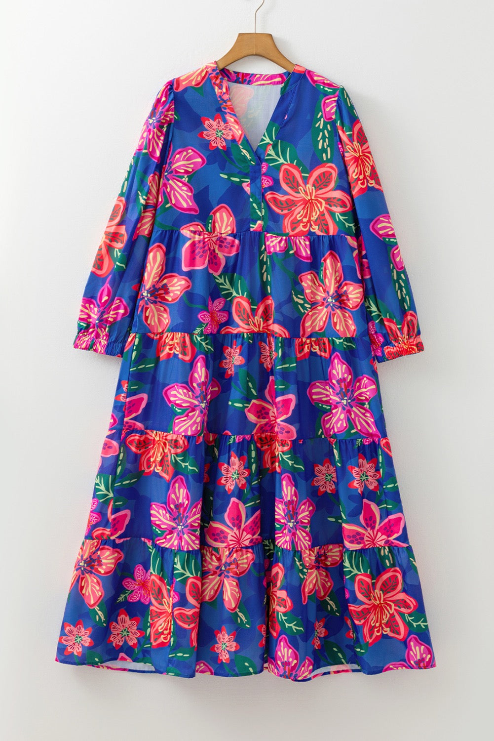 Blue Floral Print 3/4 Sleeve V Neck Tiered Dress