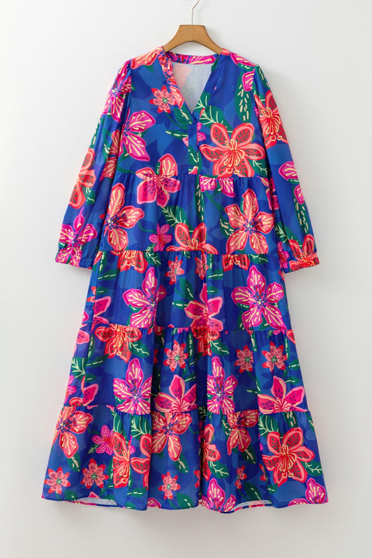 Blue Floral Print 3/4 Sleeve V Neck Tiered Dress