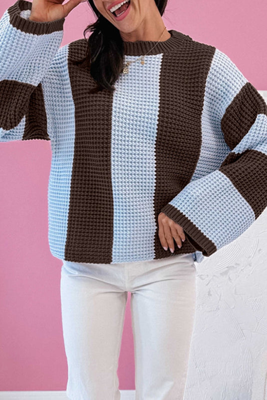 Striped Color Block Thermal Textured Knit Drop Shoulder Sweater