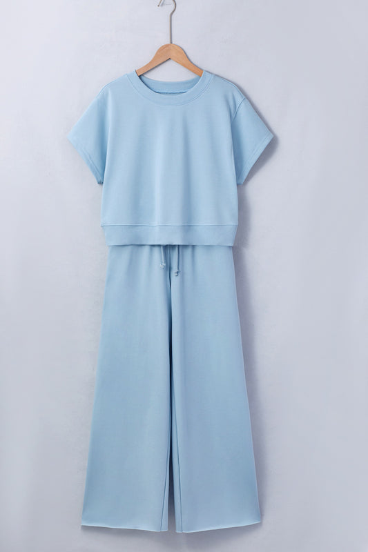 Blue Solid Color Loose Tee Drawstring Wide Leg Pant Set