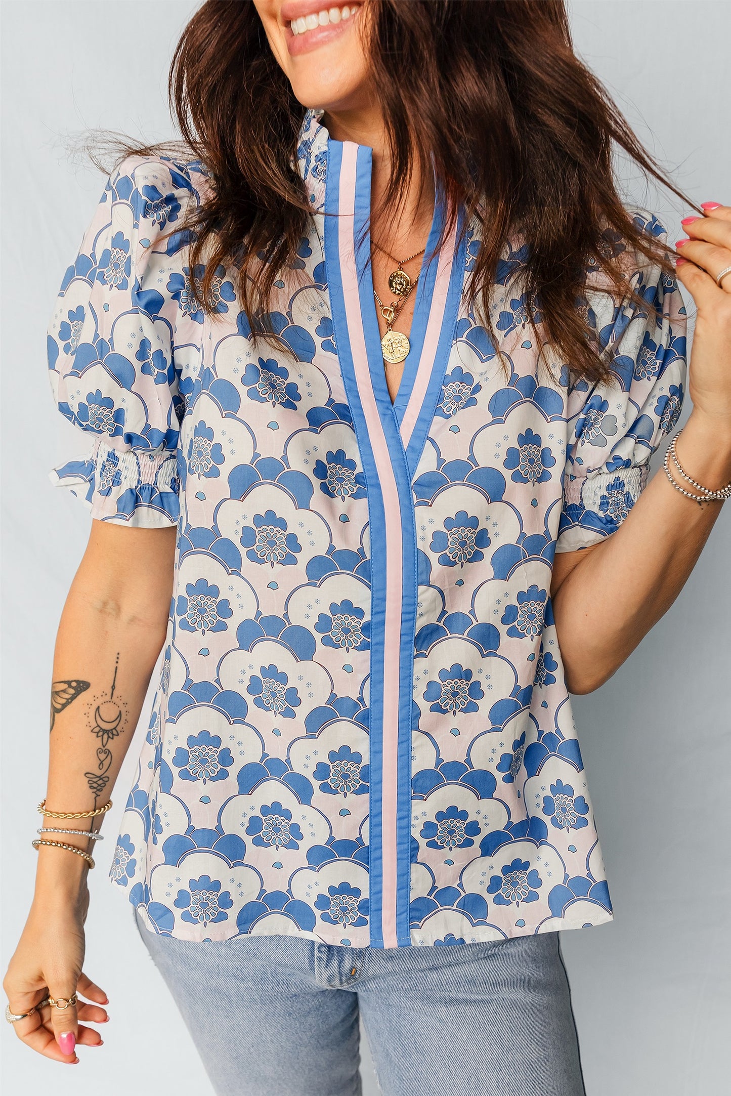 Blue Floral Print Flounce Short Sleeve Contrast Trim V Neck Blouse