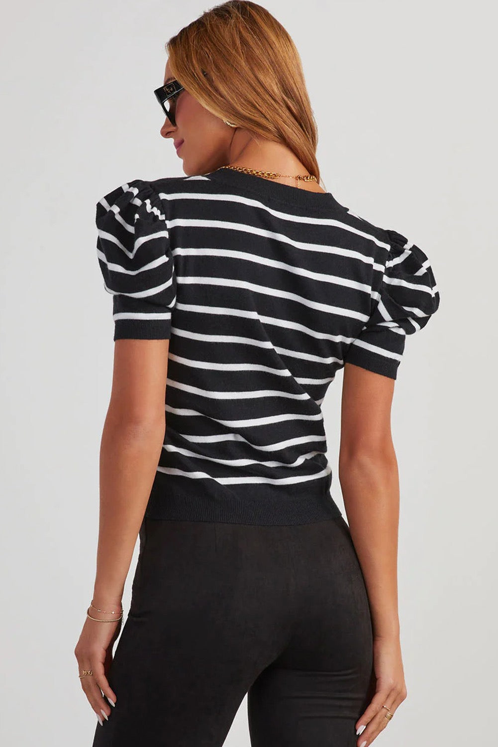 White Stripe Ribbed Trim Round Neck Bubble Sleeve Knit Top