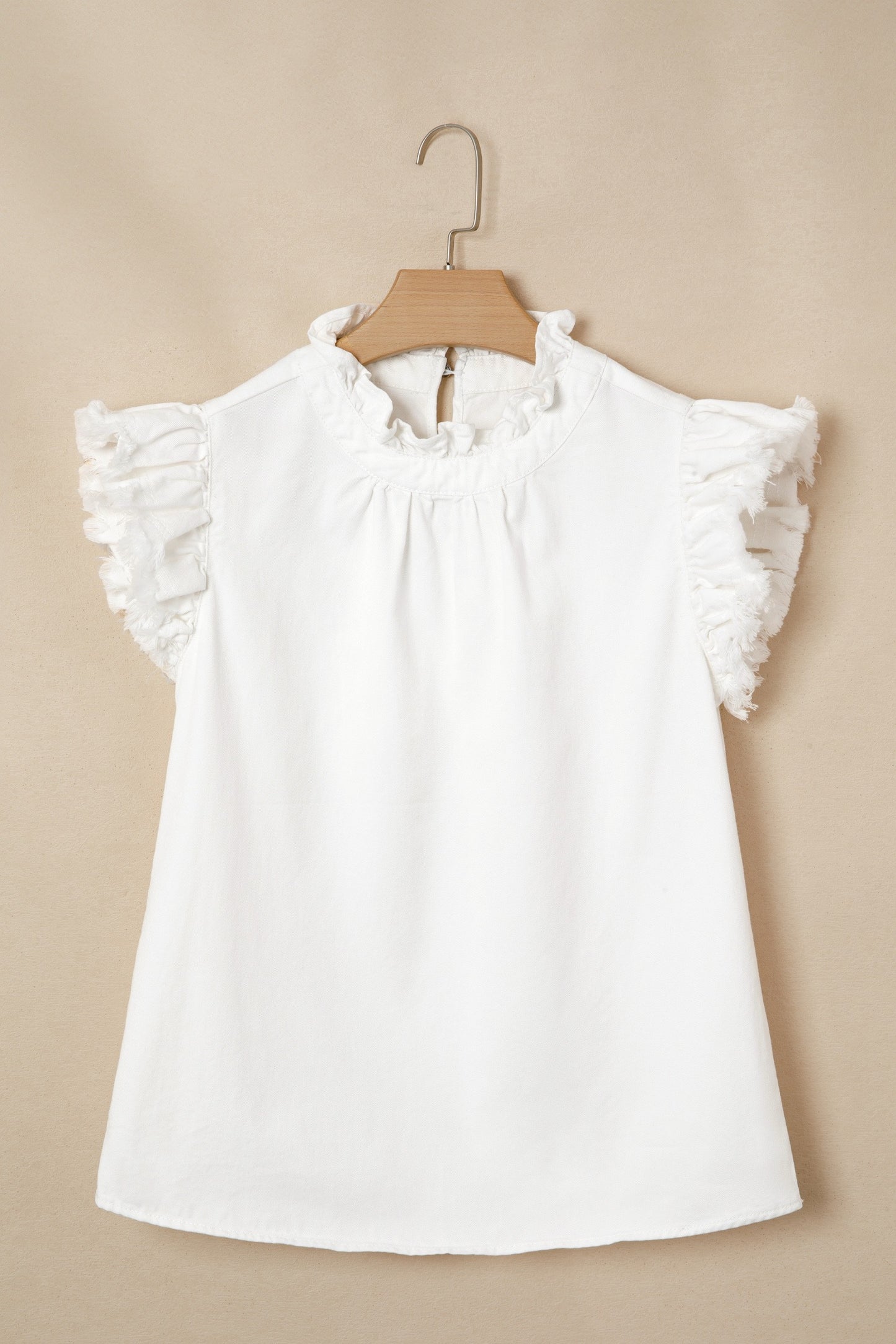 White Frilled Collar Flutter Sleeve Denim Top
