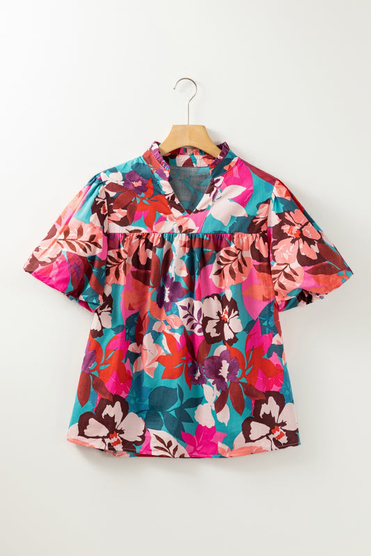 Red Floral Notched V Blouse