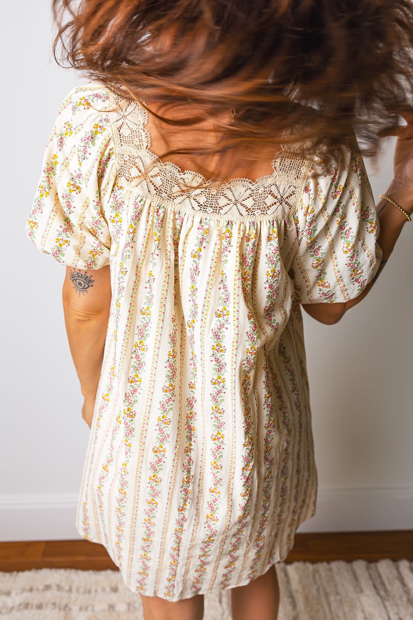 Floral Print Contrast Ribbon Bow Lace Trim Square Neck Dress