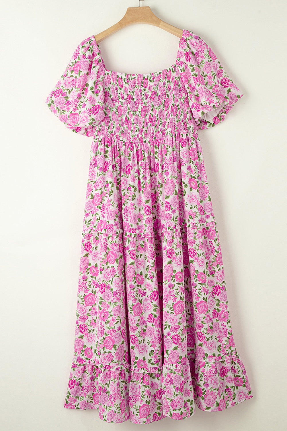 Pink Plus Size Floral Print Smocked Puff Sleeve Maxi
