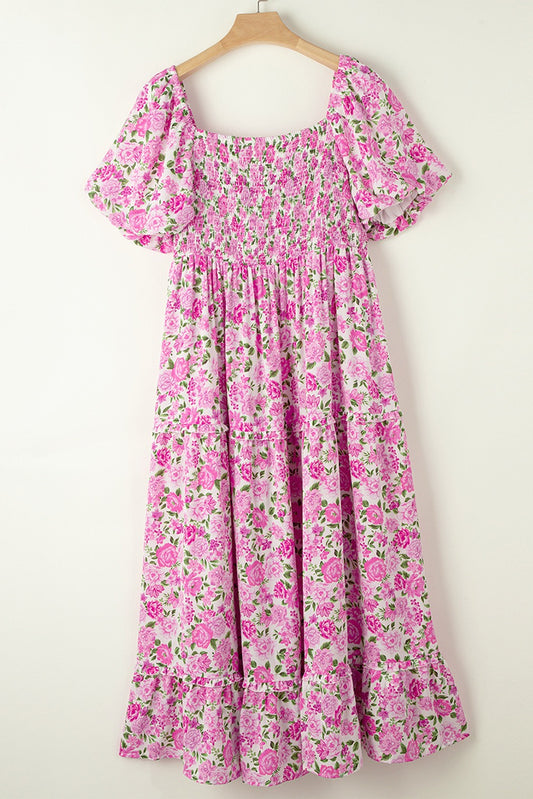 Pink Plus Size Floral Print Smocked Puff Sleeve Maxi