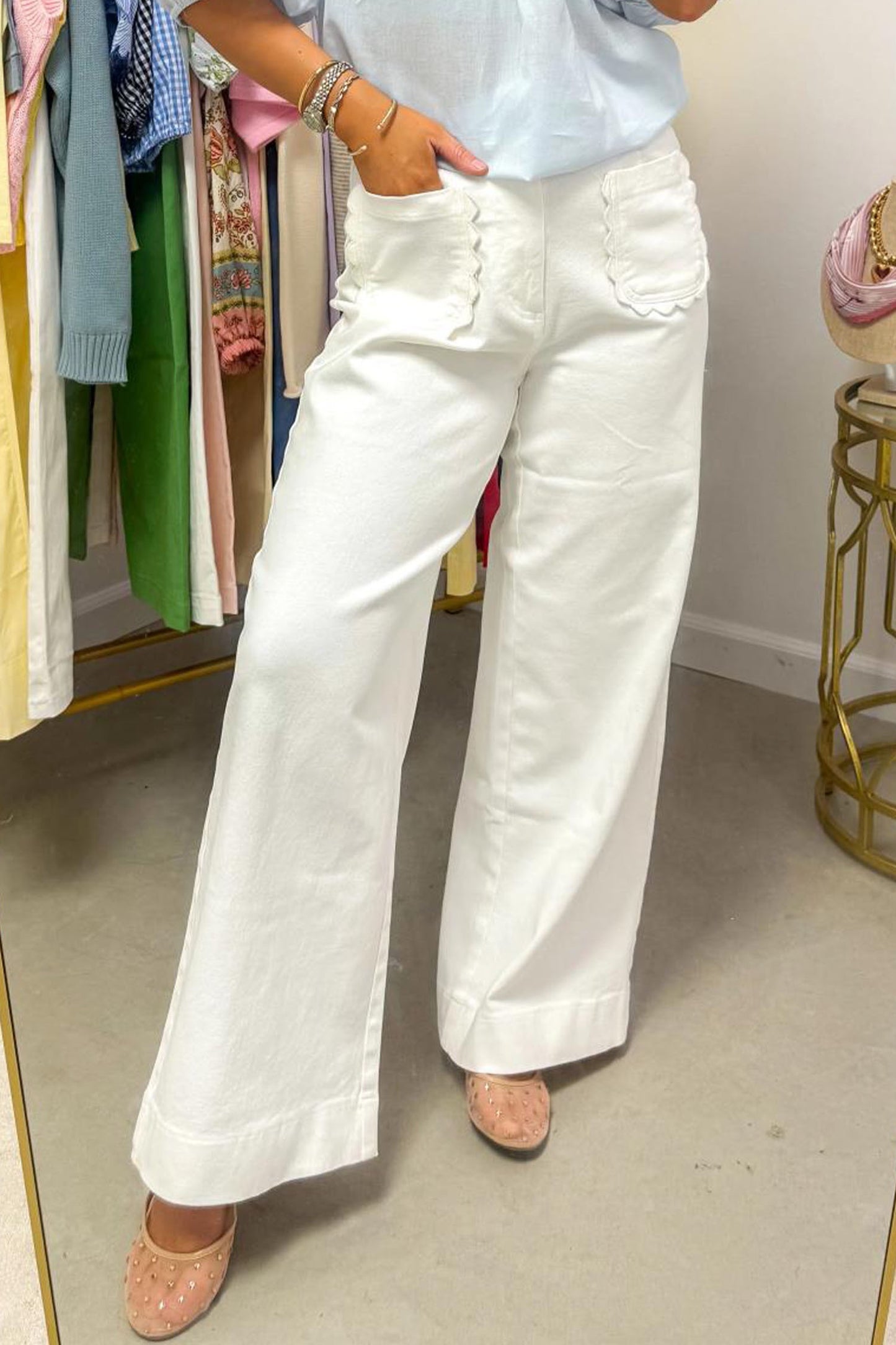 White Print Scalloped Patch Pocket Cotton Shift Pants
