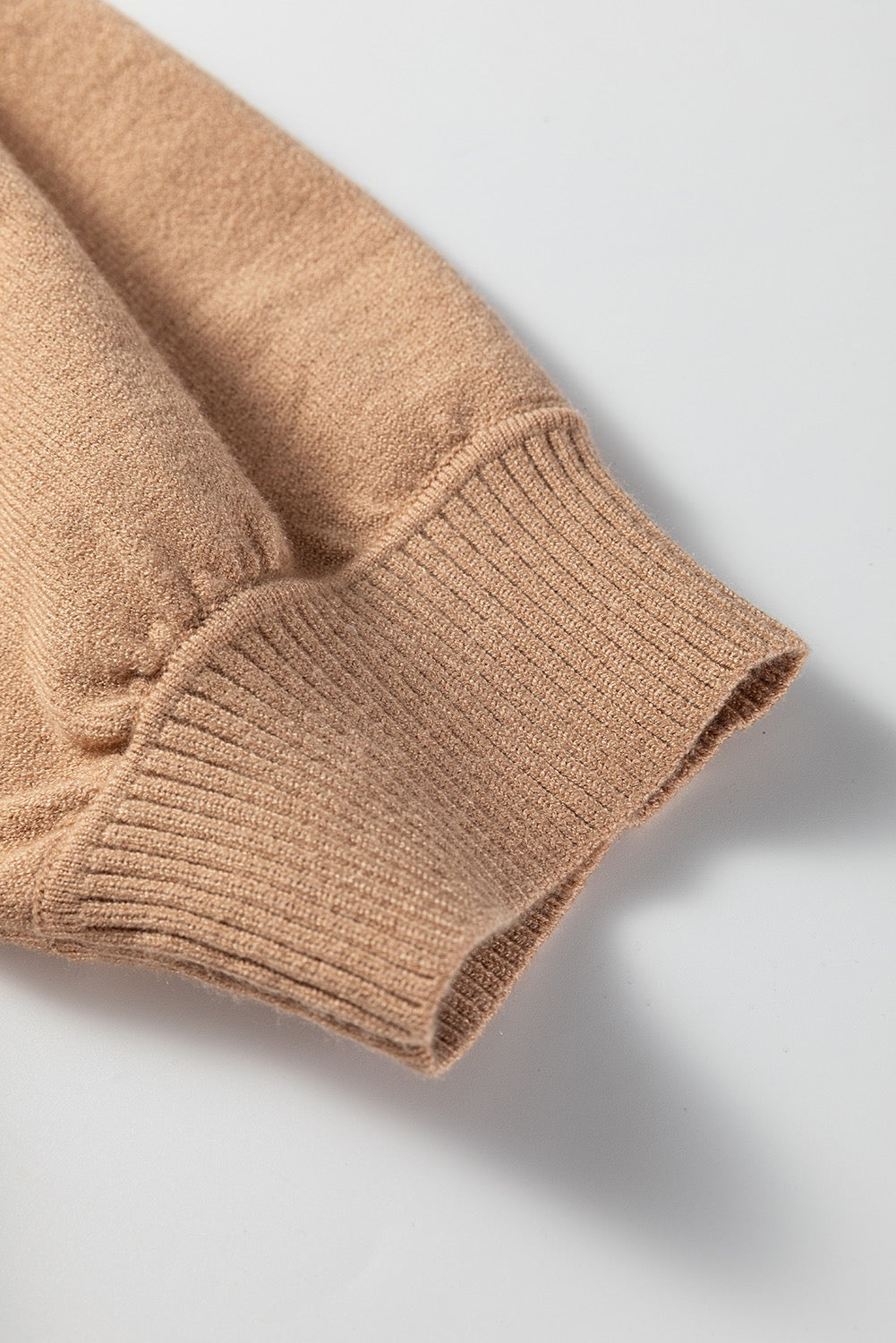 Light French Beige Solid Color Knit Short Puff Sleeve Sweater