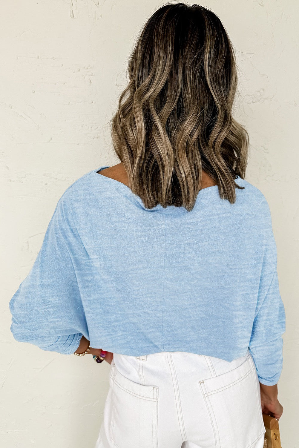 Blue Solid Color Batwing Long Sleeve Top