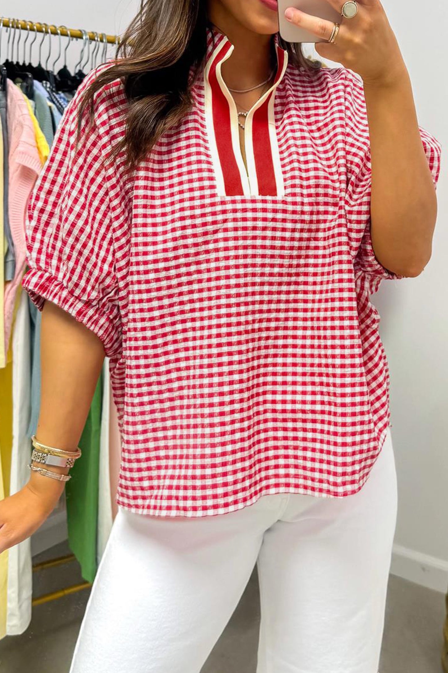 Red Plaid Short Sleeve Colorblock Trim Blouse