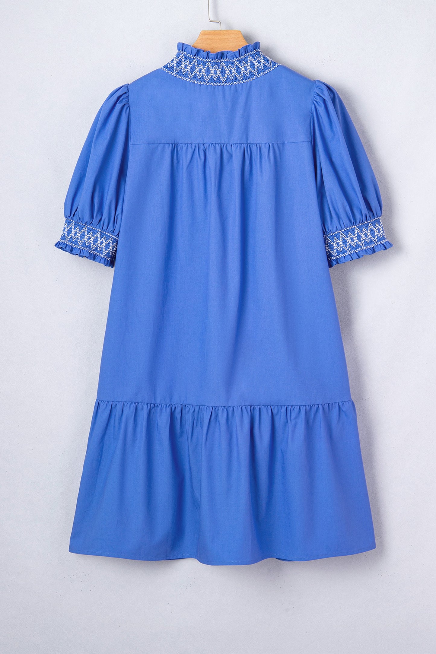 Blue Embroidered Smocked Detail V Neck Short Puff Sleeve Dress