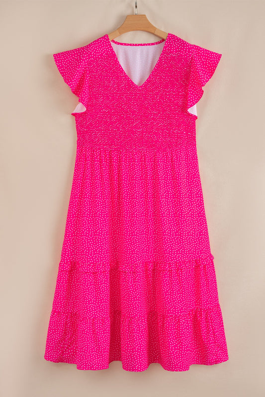Rose Polka Dot Print Ruffled Smocked High Waist Plus Midi Dress