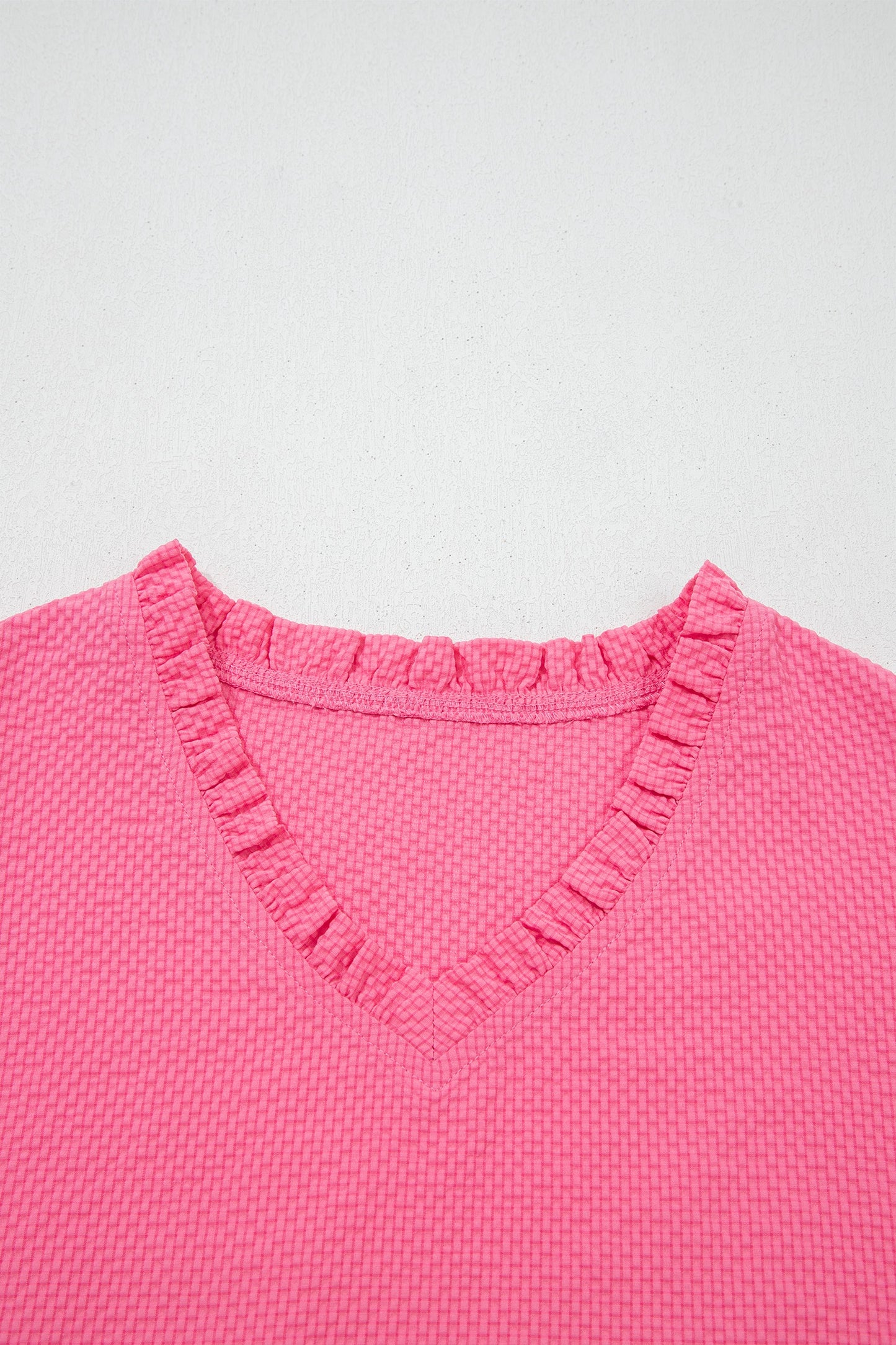 Pink Frilled V Neck Flower Embroidered Puff Sleeve Textured Top