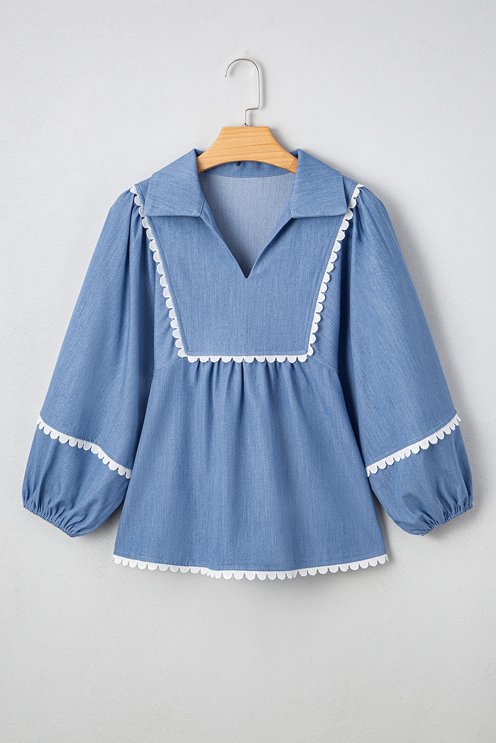 Dusk Blue Lace Ric Rac 3/4 Puff Sleeve Collared Babydoll Blouse