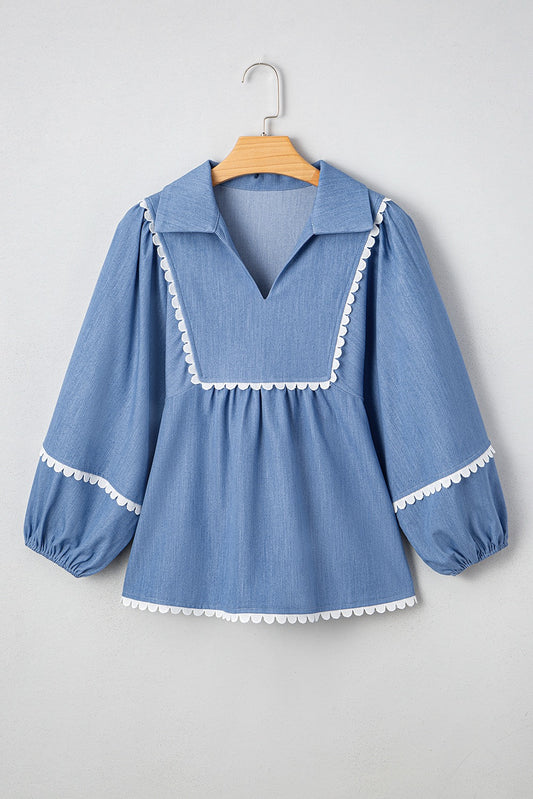 Dusk Blue Lace Ric Rac 3/4 Puff Sleeve Collared Babydoll Blouse